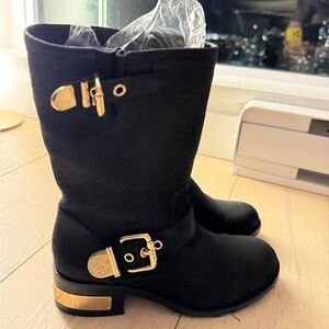Vince Camuto Black Mid-Calf Boots with Gold Buckle Accents